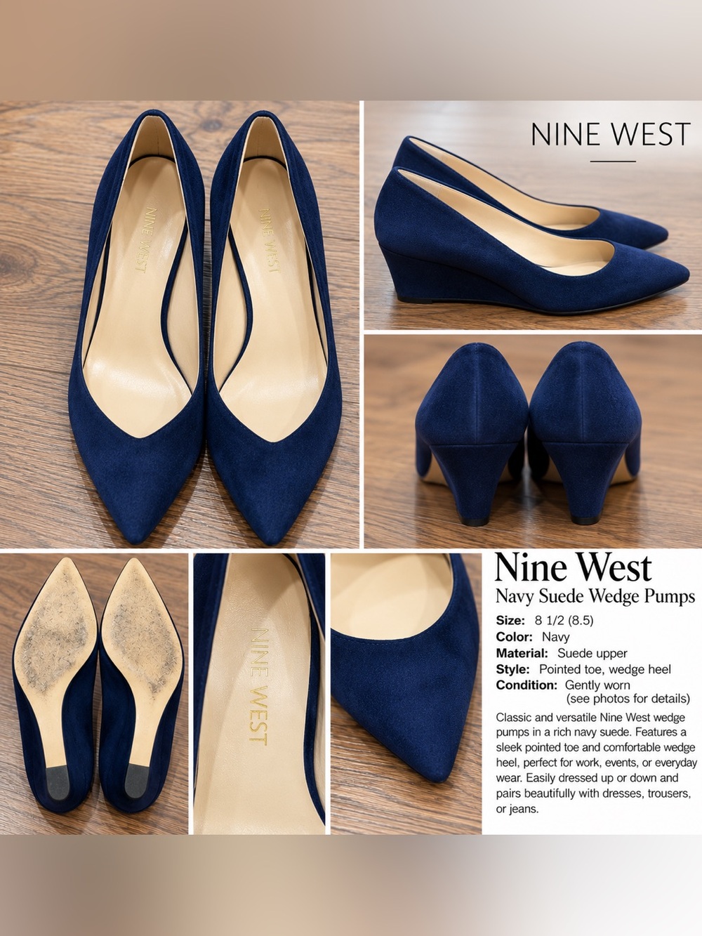 Nine West Navy Blue Suede Pointed Toe Wedge Pumps Size 8.5
